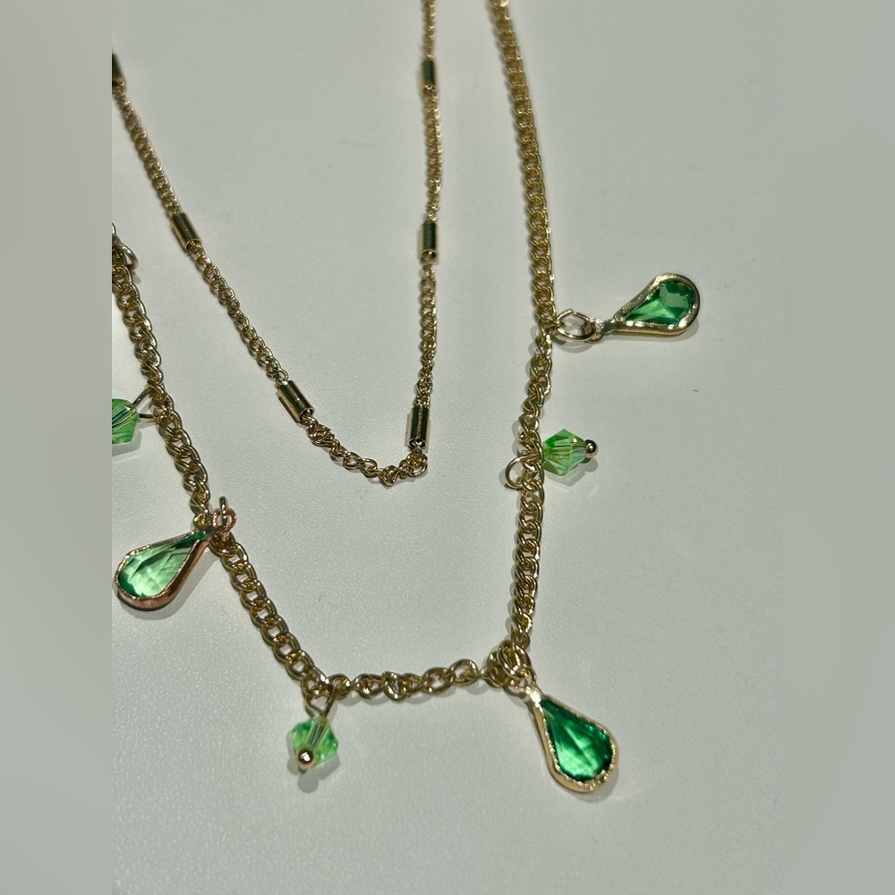Gold Necklace with Green Teardrop Pendants